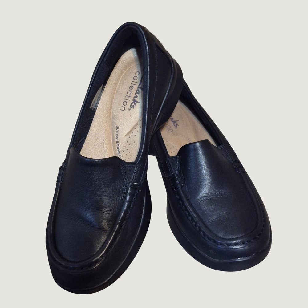 Clarks Leather Loafers Size 5.5 Comfort Slip On Professional Moc Toe Black 2024